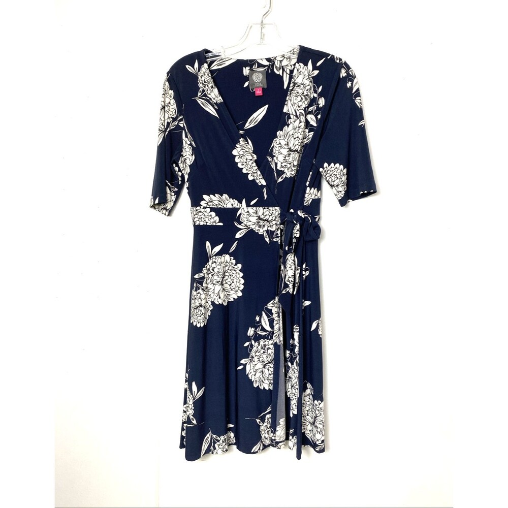 Vince Camuto Dress Size 6 Womens A-line Wrap Blue Floral Short Sleeve Stretch